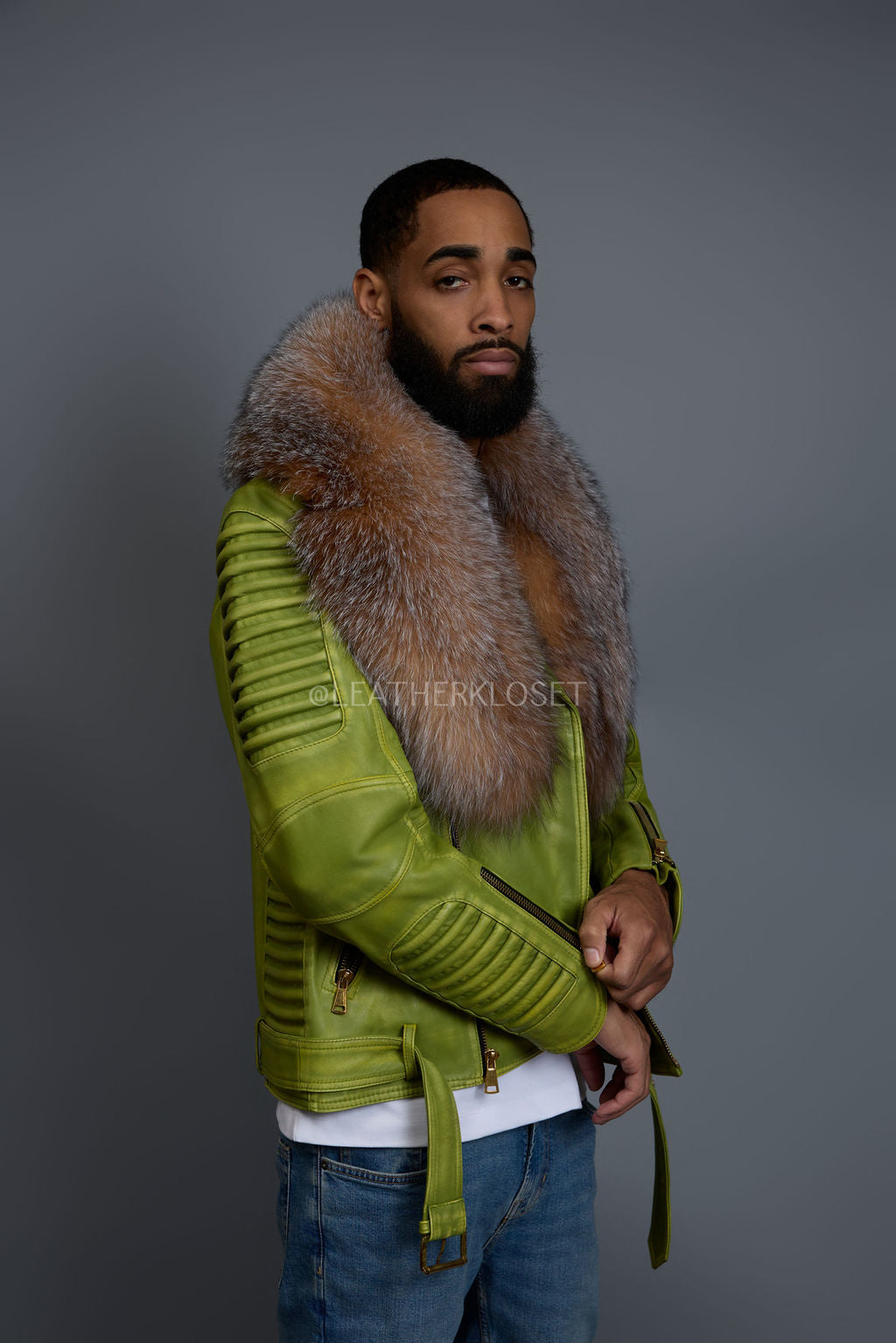 Men's Trey Biker Distressed Green Leather Full Fox Fur Collar [Crystal]
