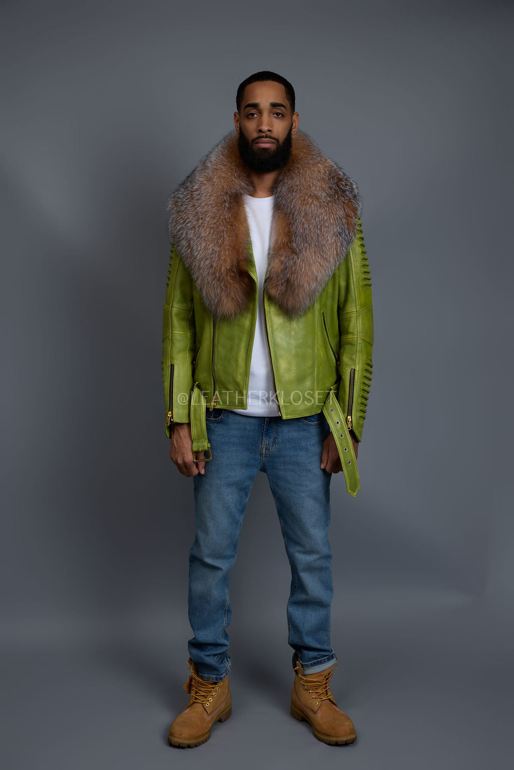 Men's Trey Biker Distressed Green Leather Full Fox Fur Collar [Crystal]