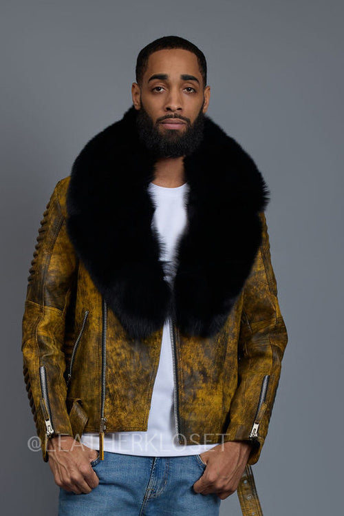 Men's Trey Biker Leather Full Fox Fur Collar [Destroyed Yellow]