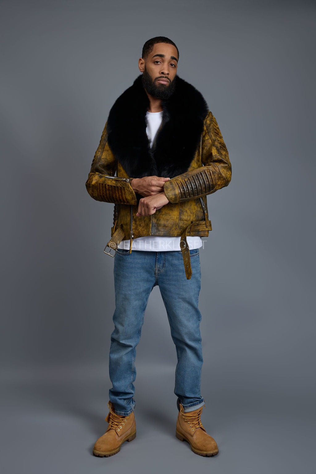 Men's Trey Biker Leather Full Fox Fur Collar [Destroyed Yellow]