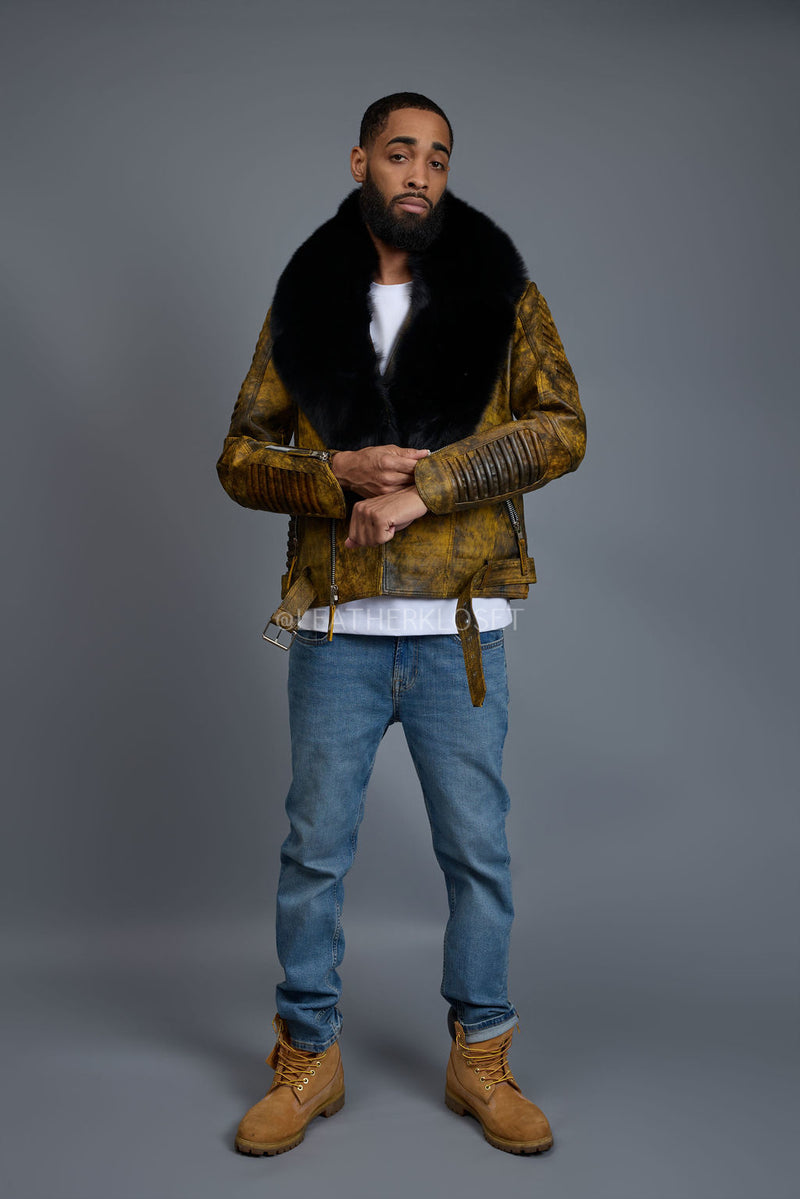 Men's Trey Biker Leather Full Fox Fur Collar [Destroyed Yellow]