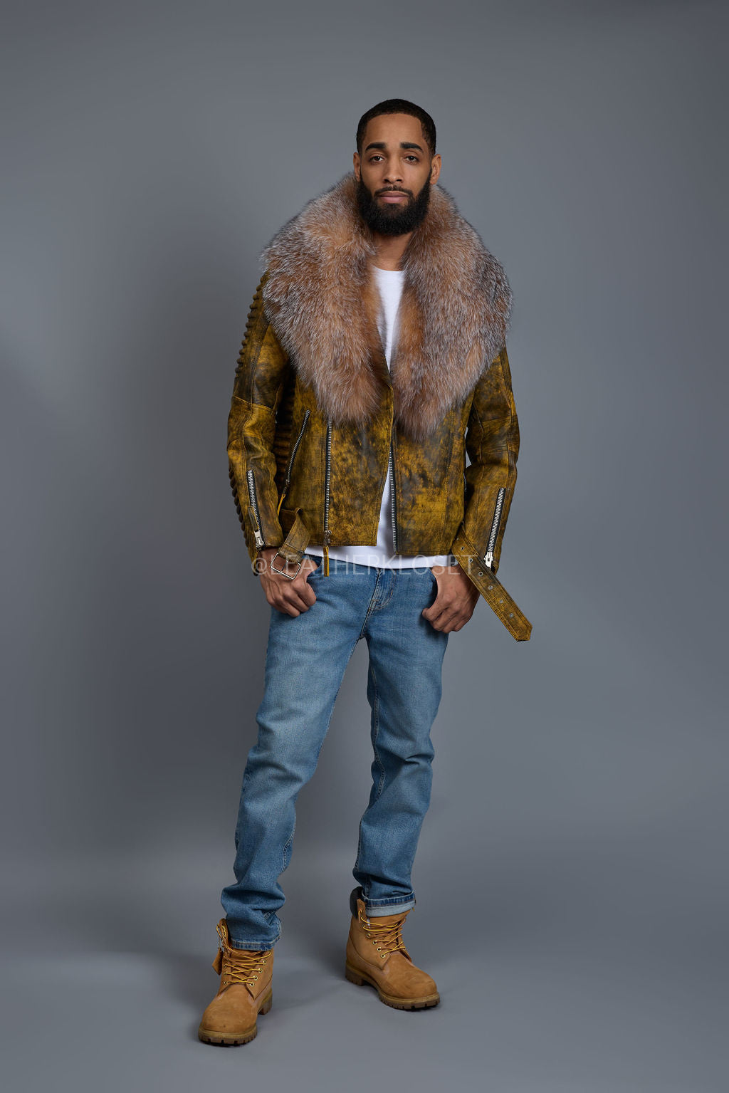 Men's Trey Biker Leather Full Fox Fur Collar [Destroyed Yellow]