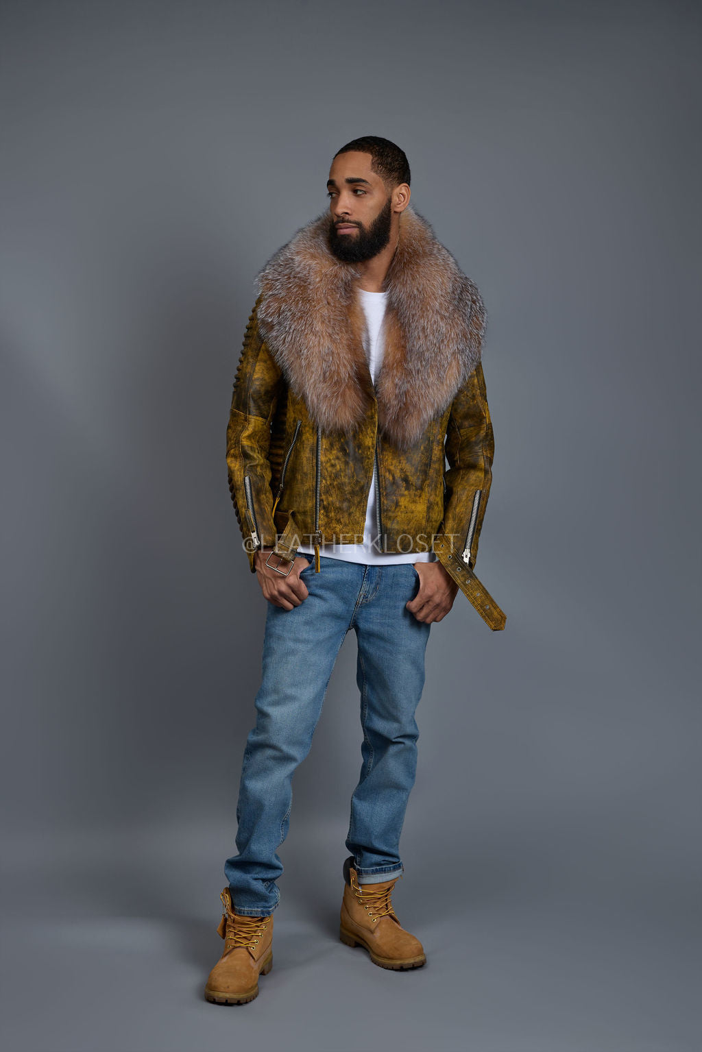 Men's Trey Biker Leather Full Fox Fur Collar [Destroyed Yellow]