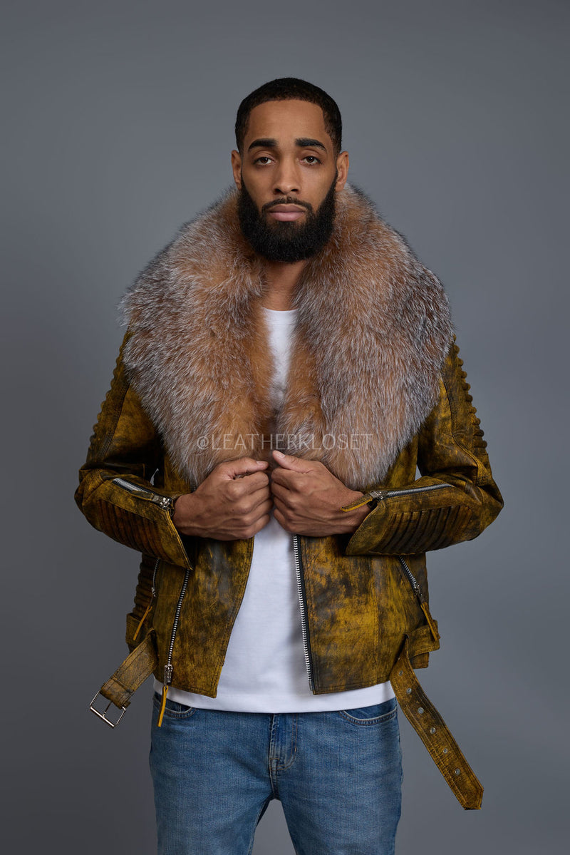 Men's Trey Biker Leather Full Fox Fur Collar [Destroyed Yellow]