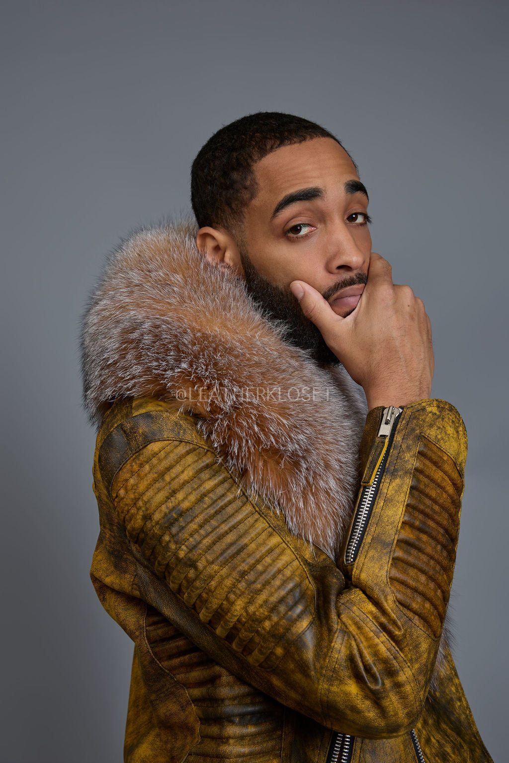 Men's Trey Biker Leather Full Fox Fur Collar [Destroyed Yellow]