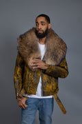 Men's Trey Biker Leather Full Raccoon Fur Collar [Destroyed Yellow]