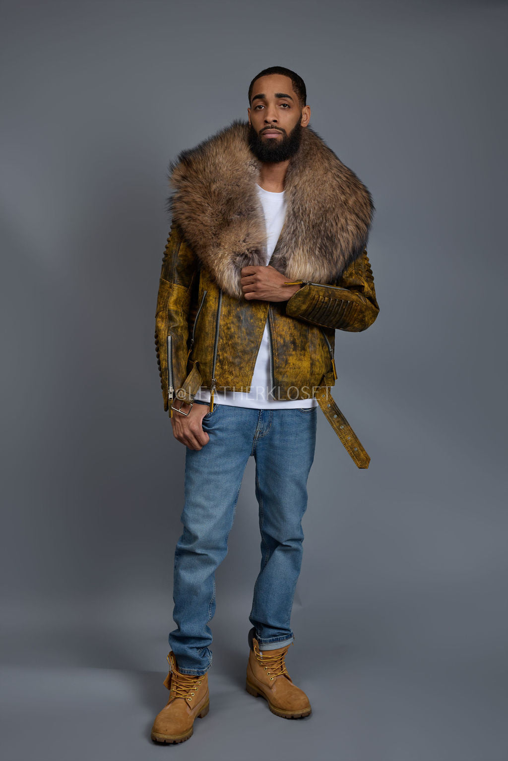 Men's Trey Biker Leather Full Raccoon Fur Collar [Destroyed Yellow]