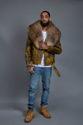 Men's Trey Biker Leather Full Raccoon Fur Collar [Destroyed Yellow]