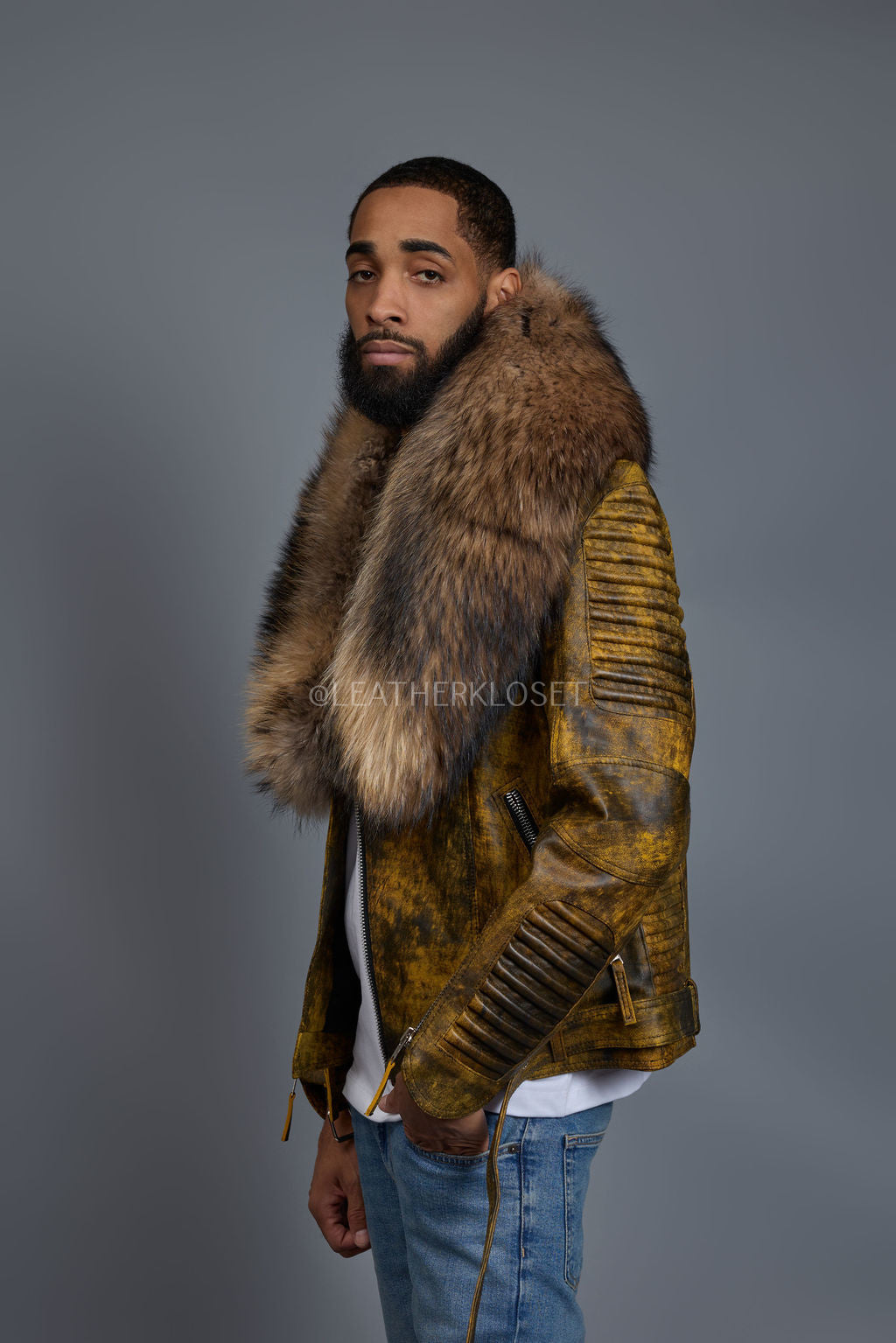 Men's Trey Biker Leather Full Raccoon Fur Collar [Destroyed Yellow]