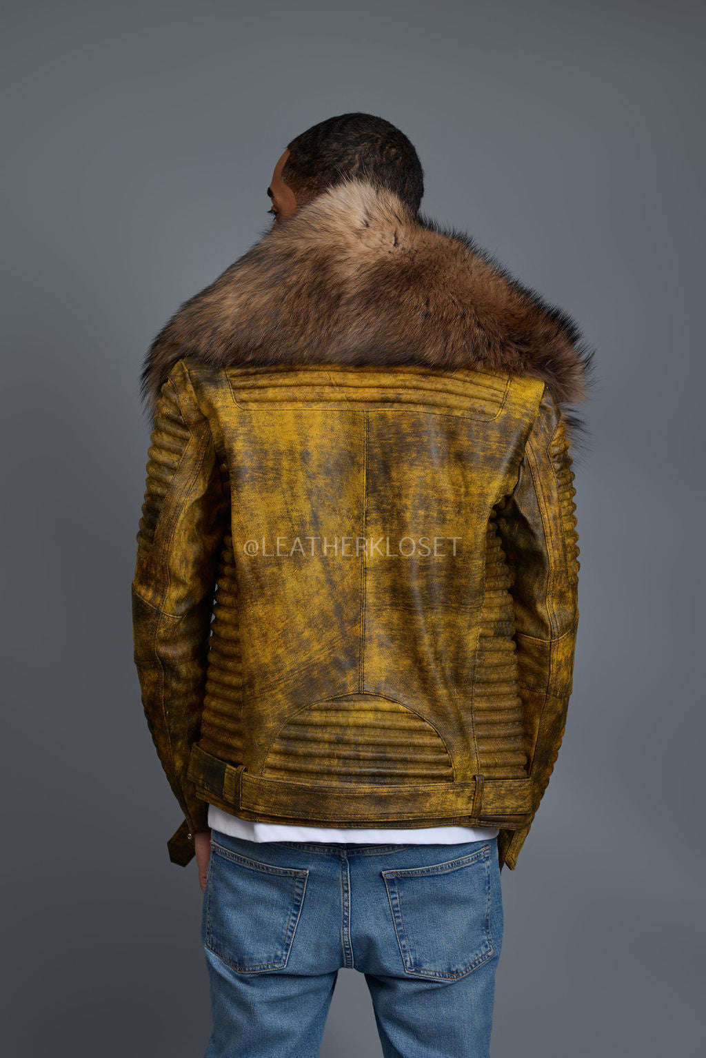 Men's Trey Biker Leather Full Raccoon Fur Collar [Destroyed Yellow]