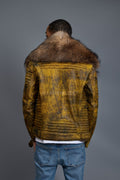 Men's Trey Biker Leather Full Raccoon Fur Collar [Destroyed Yellow]