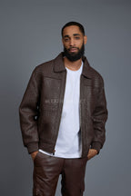 Men's Faris Braided Leather Bomber Jacket [Chocolate]