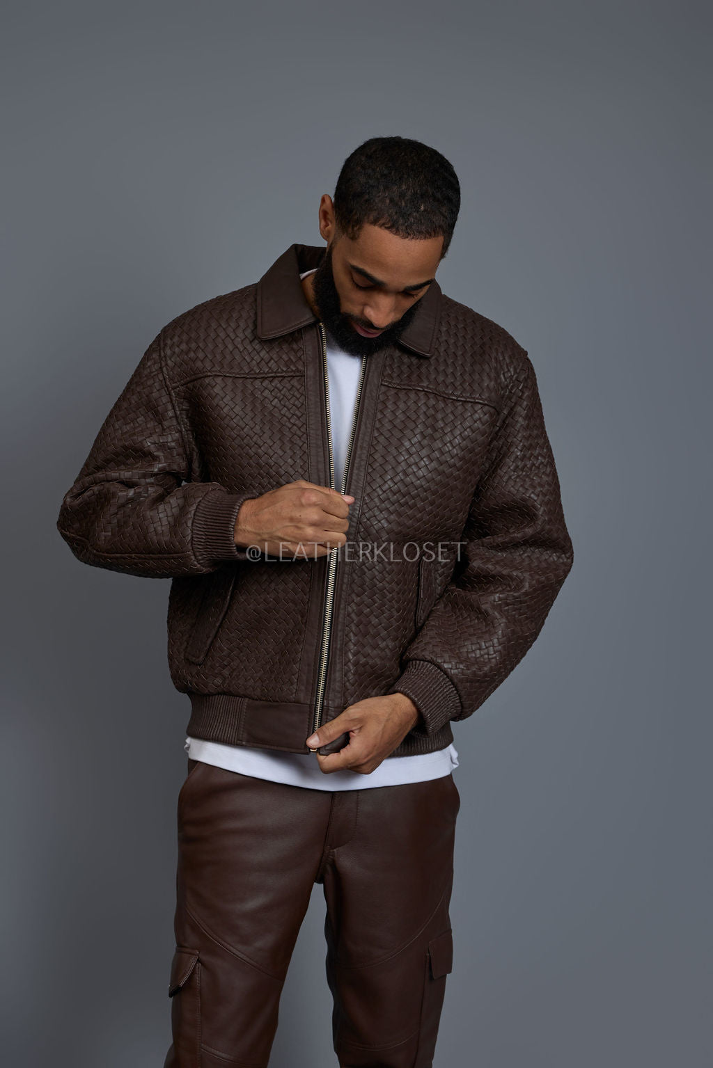 Men's Faris Braided Leather Bomber Jacket [Chocolate]