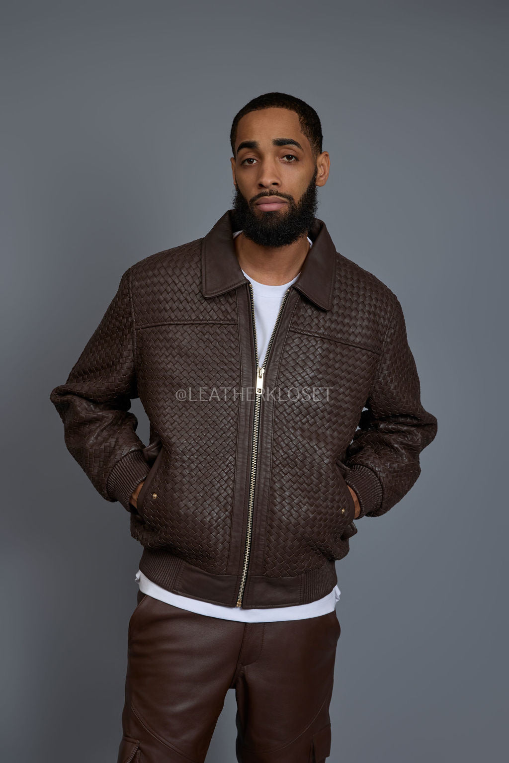 Men's Faris Braided Leather Bomber Jacket [Chocolate]