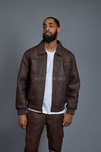Men's Faris Braided Leather Bomber Jacket [Chocolate]
