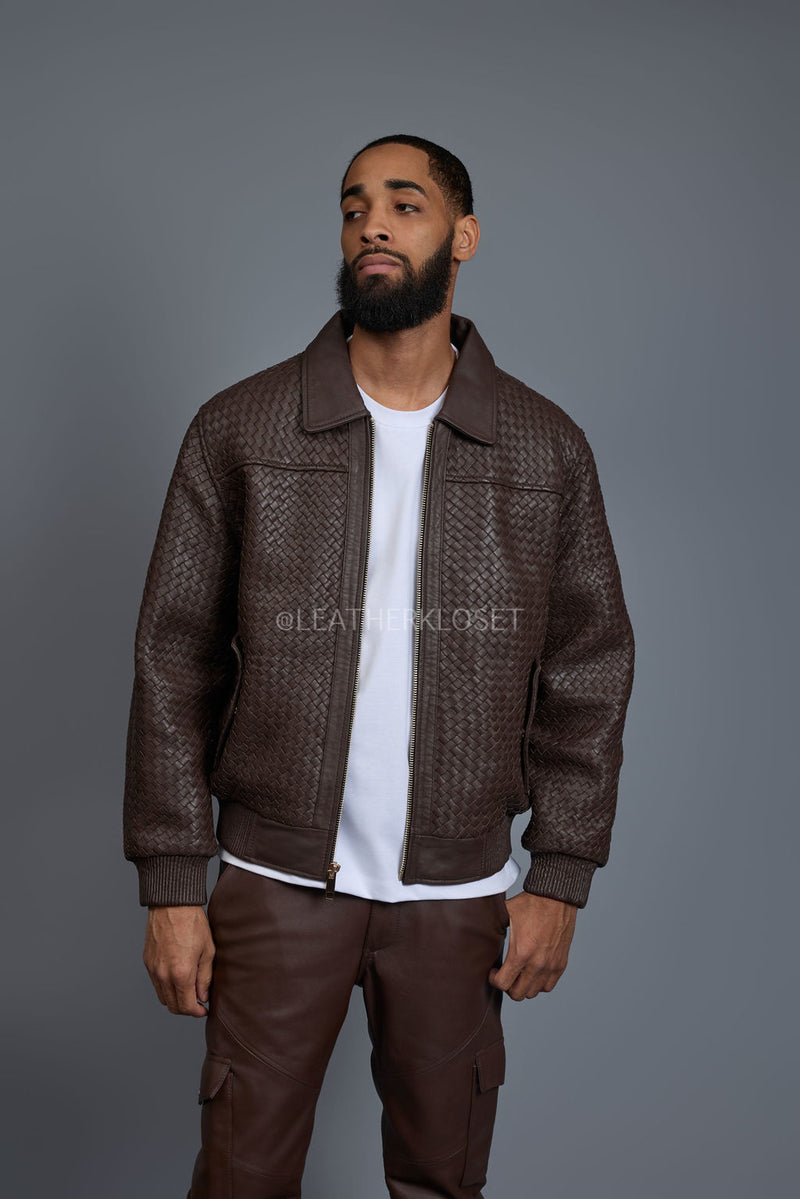 Men's Faris Braided Leather Bomber Jacket [Chocolate]