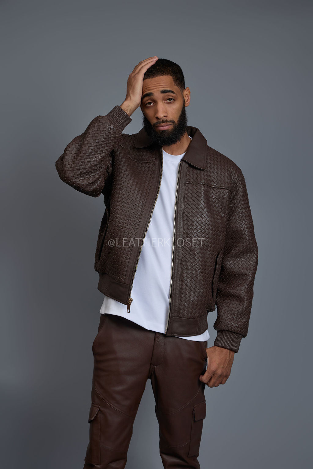 Men's Faris Braided Leather Bomber Jacket [Chocolate]