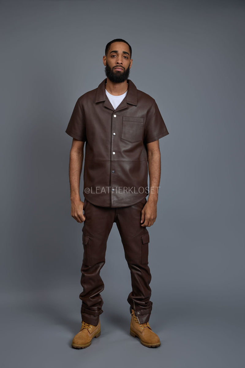 Men's Luka Leather Short Sleeve Shirt And Stack Pants Set [Chocolate]