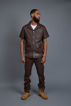 Men's Luka Leather Short Sleeve Shirt And Stack Pants Set [Chocolate]