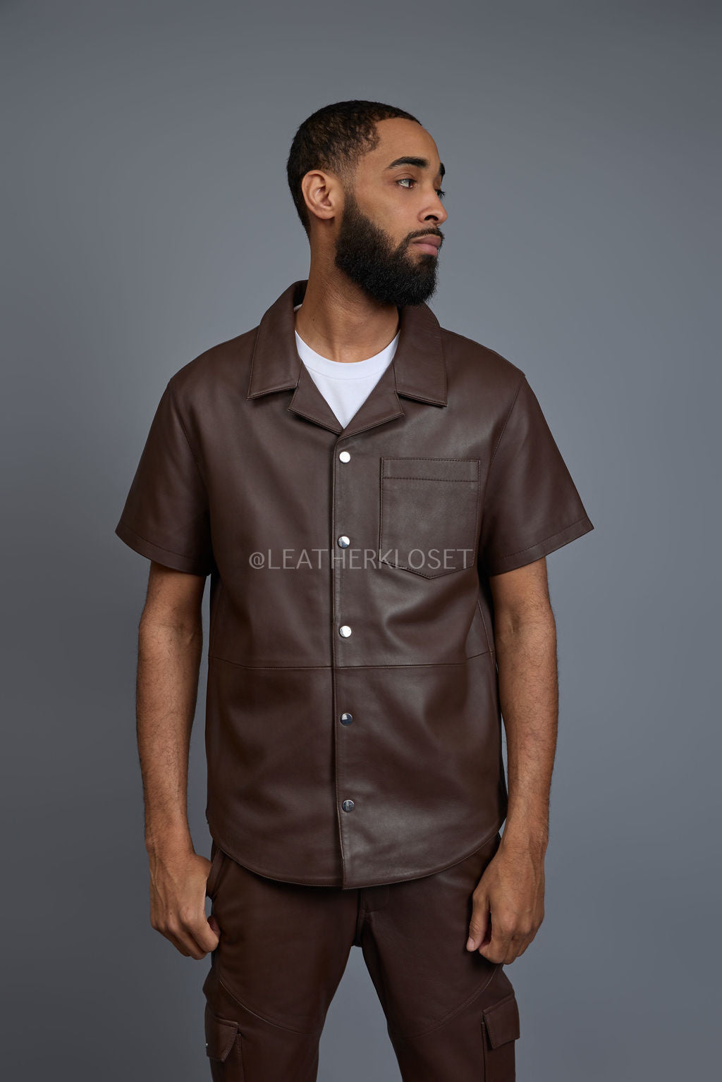 Men's Summer In Miami Luka Leather Short Sleeve Shirt [Chocolate]