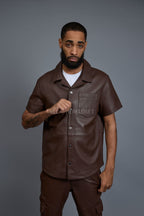 Men's Luka Leather Short Sleeve Shirt And Stack Pants Set [Chocolate]