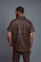 Men's Luka Leather Short Sleeve Shirt And Stack Pants Set [Chocolate]