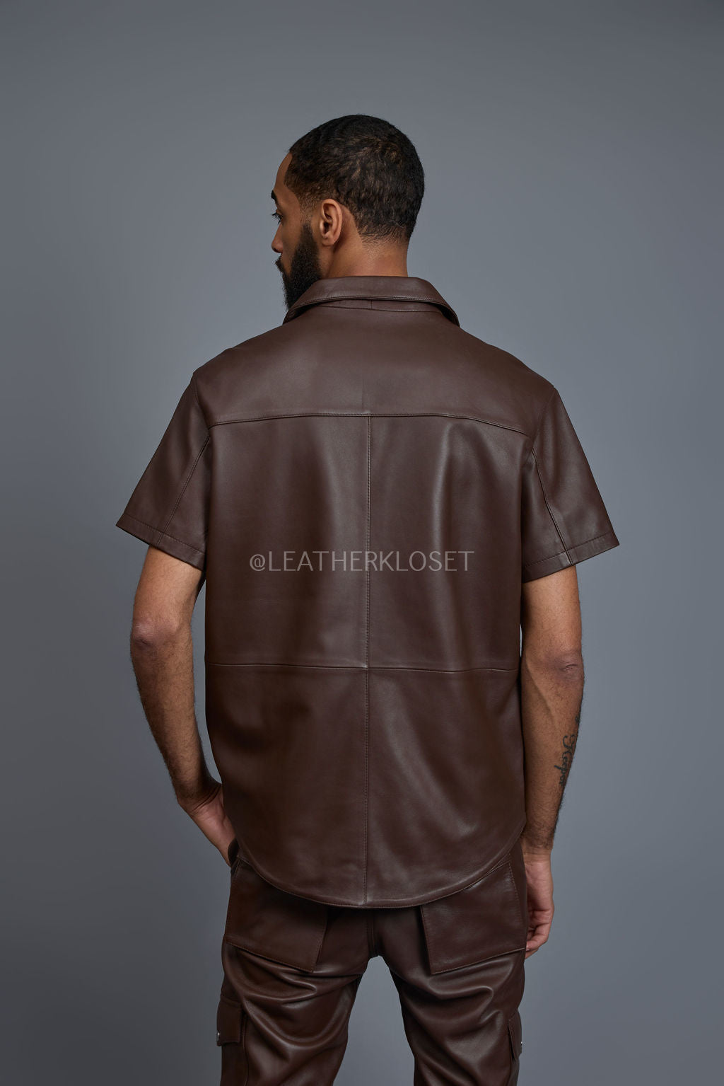 Men's Luka Leather Short Sleeve Shirt And Stack Pants Set [Chocolate]
