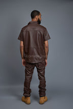 Men's Luka Leather Short Sleeve Shirt And Stack Pants Set [Chocolate]