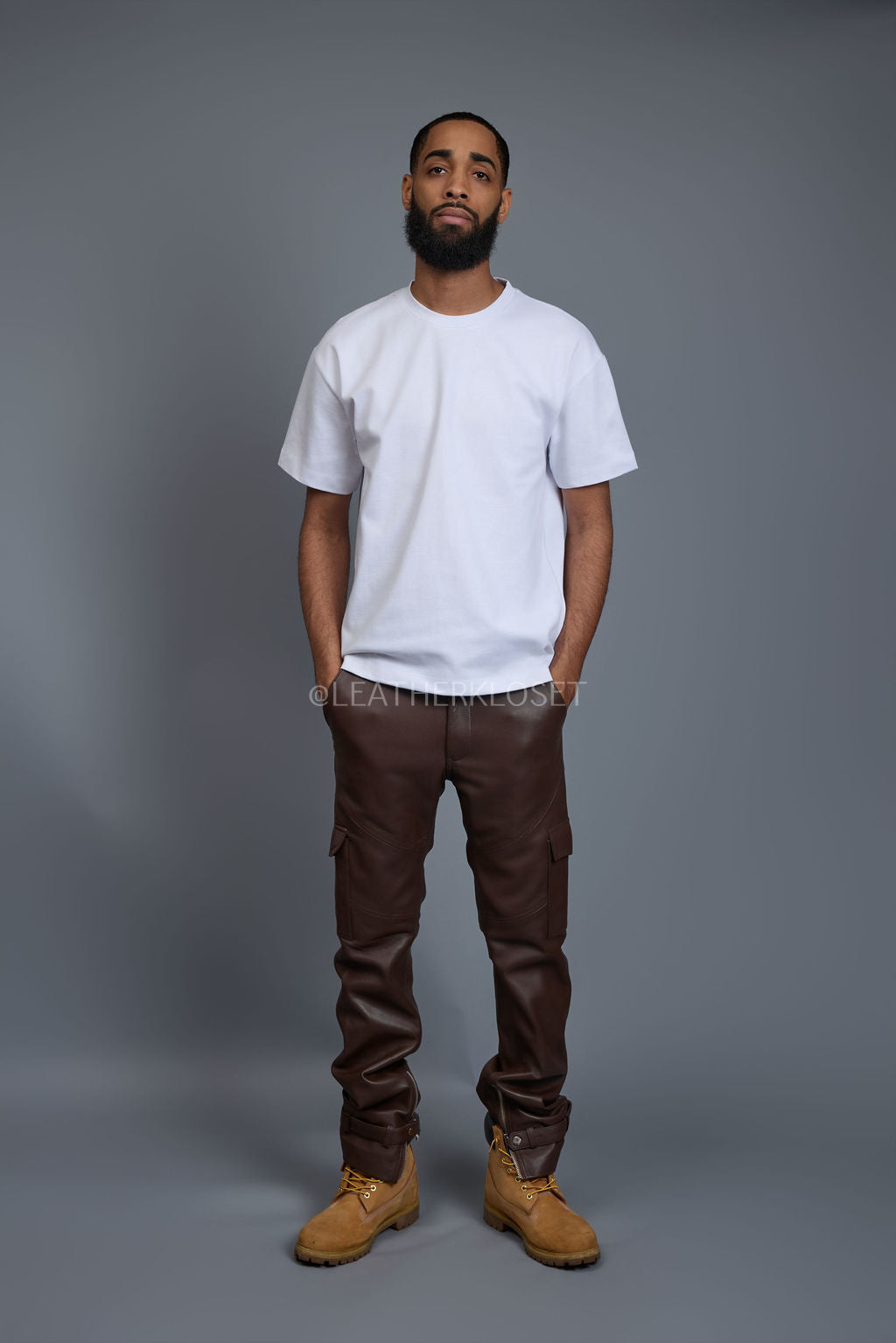 Men's Leather Stack Jean Pants [Chocolate]