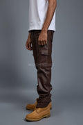 Men's Luka Leather Short Sleeve Shirt And Stack Pants Set [Chocolate]