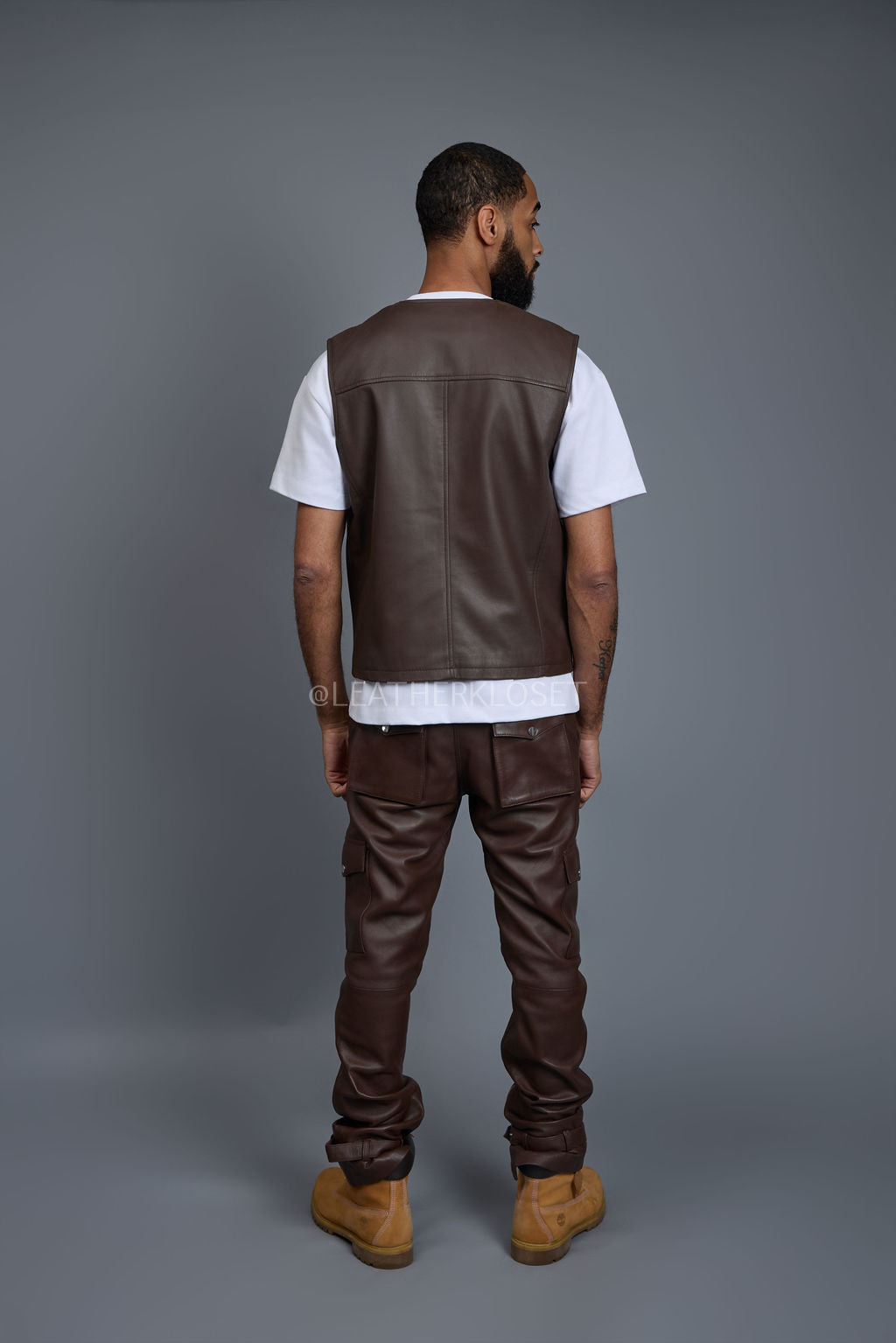 Men's Leather Brooklyn Vest With Leather Stack Pants [Chocolate]