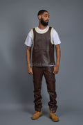 Men's Leather Crossover Jersey With Leather Stack Pants [Chocolate]