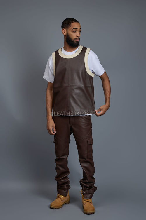 Men's Leather Crossover Jersey With Leather Stack Pants [Chocolate]