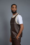 Men's Leather Crossover Jersey With Leather Stack Pants [Chocolate]