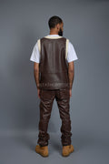 Men's Leather Crossover Jersey With Leather Stack Pants [Chocolate]
