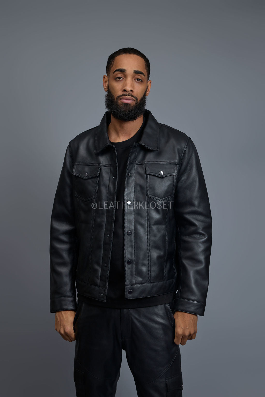 Men's Dylan Leather Jean Jacket And Stack Pants Set [Black/Black]