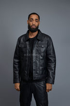 Men's Dylan Leather Jean Jacket And Stack Pants Set [Black/Black]