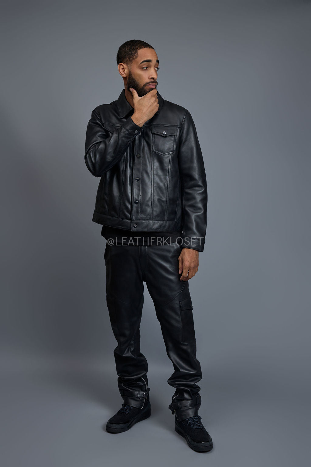 Men's Dylan Leather Jean Jacket And Stack Pants Set [Black/Black]