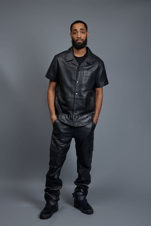 Men's Luka Leather Short Sleeve Shirt And Stack Pants Set [Black]