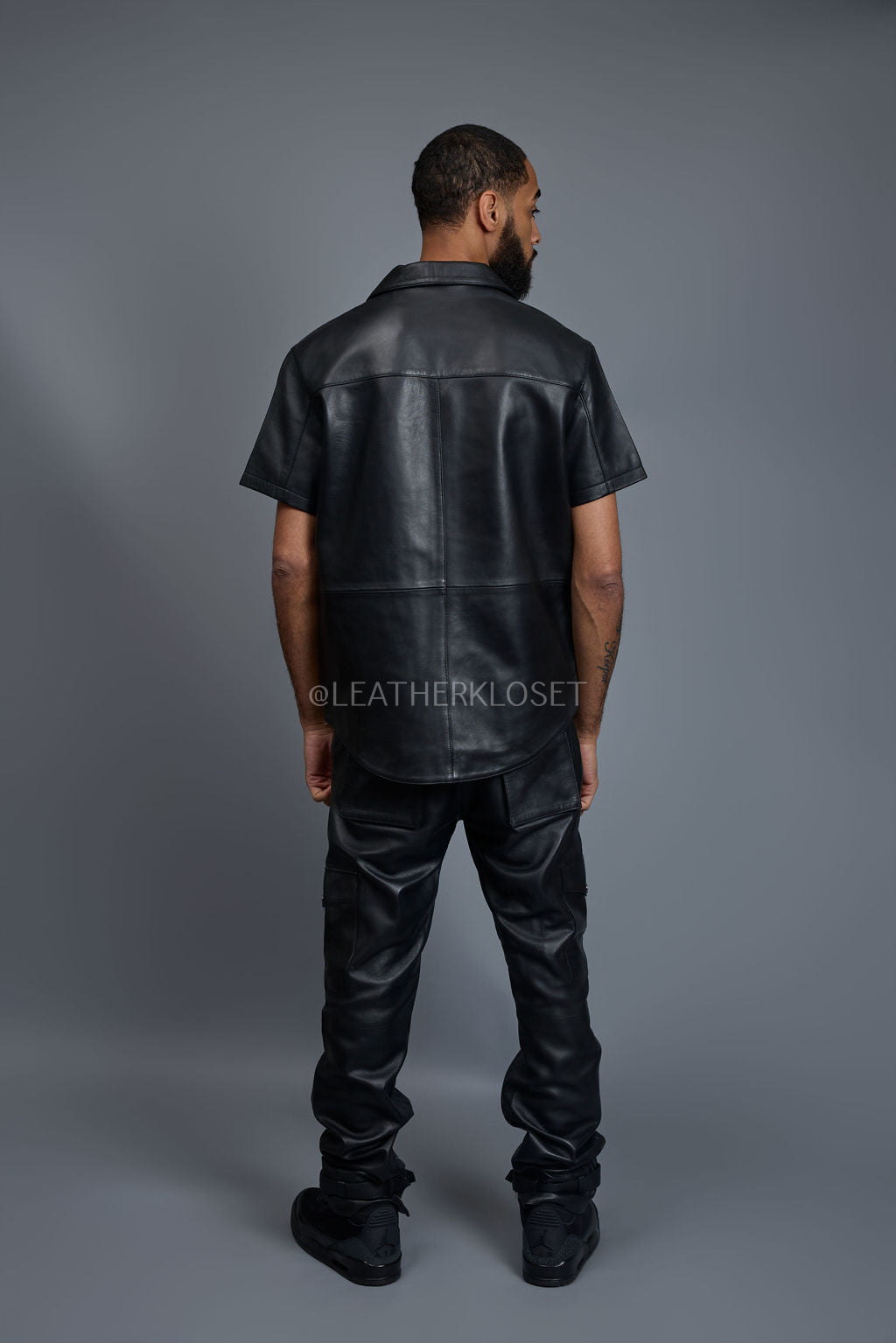 Men's Luka Leather Short Sleeve Shirt And Stack Pants Set [Black]