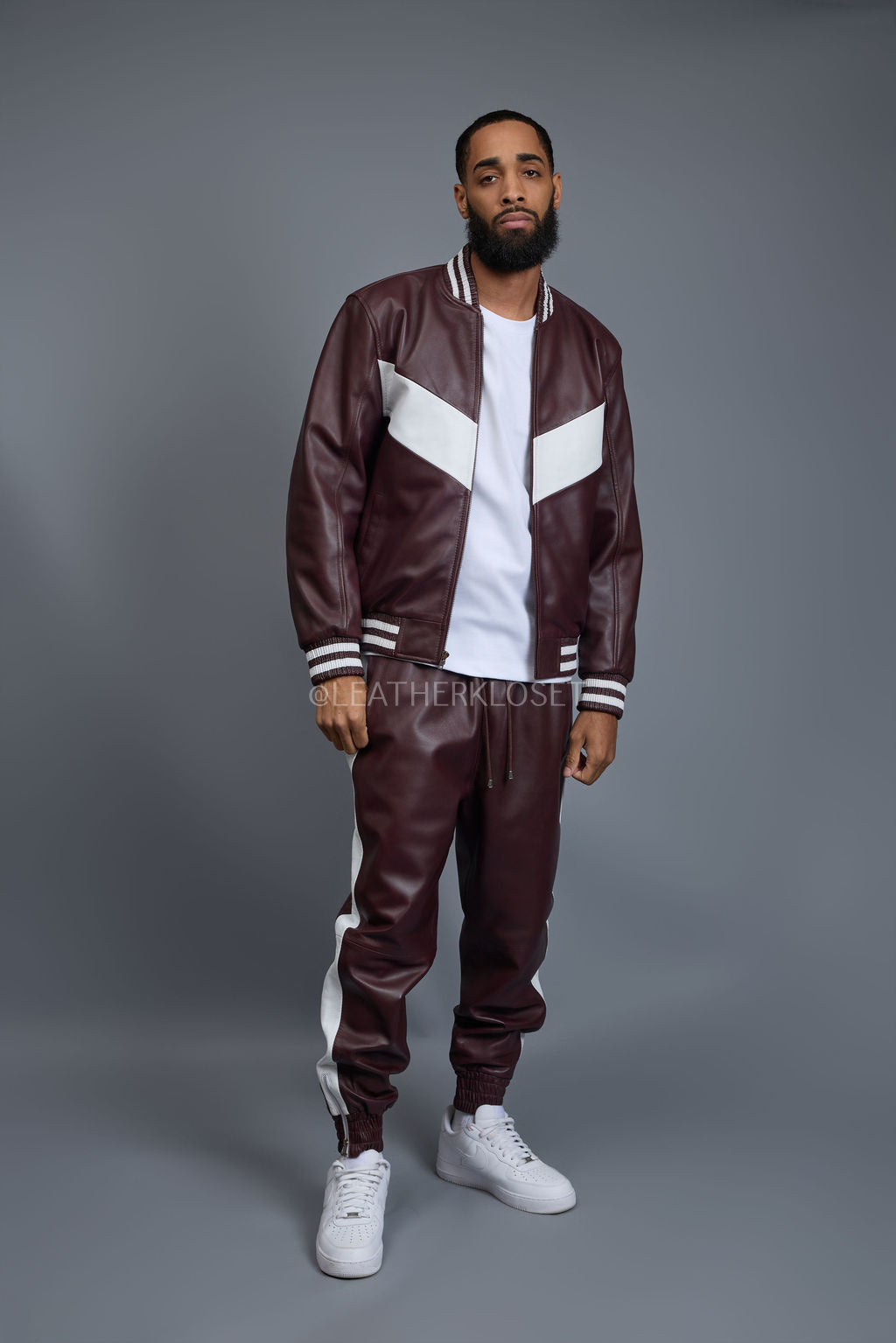 Men's V-Baseball Leather Track Suit Sweatsuit [Burgundy/White]