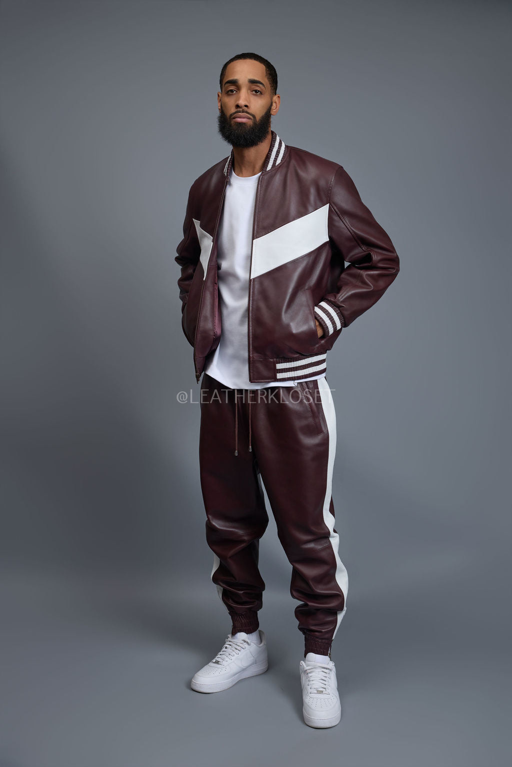 Men's V-Baseball Leather Track Suit Sweatsuit [Burgundy/White]