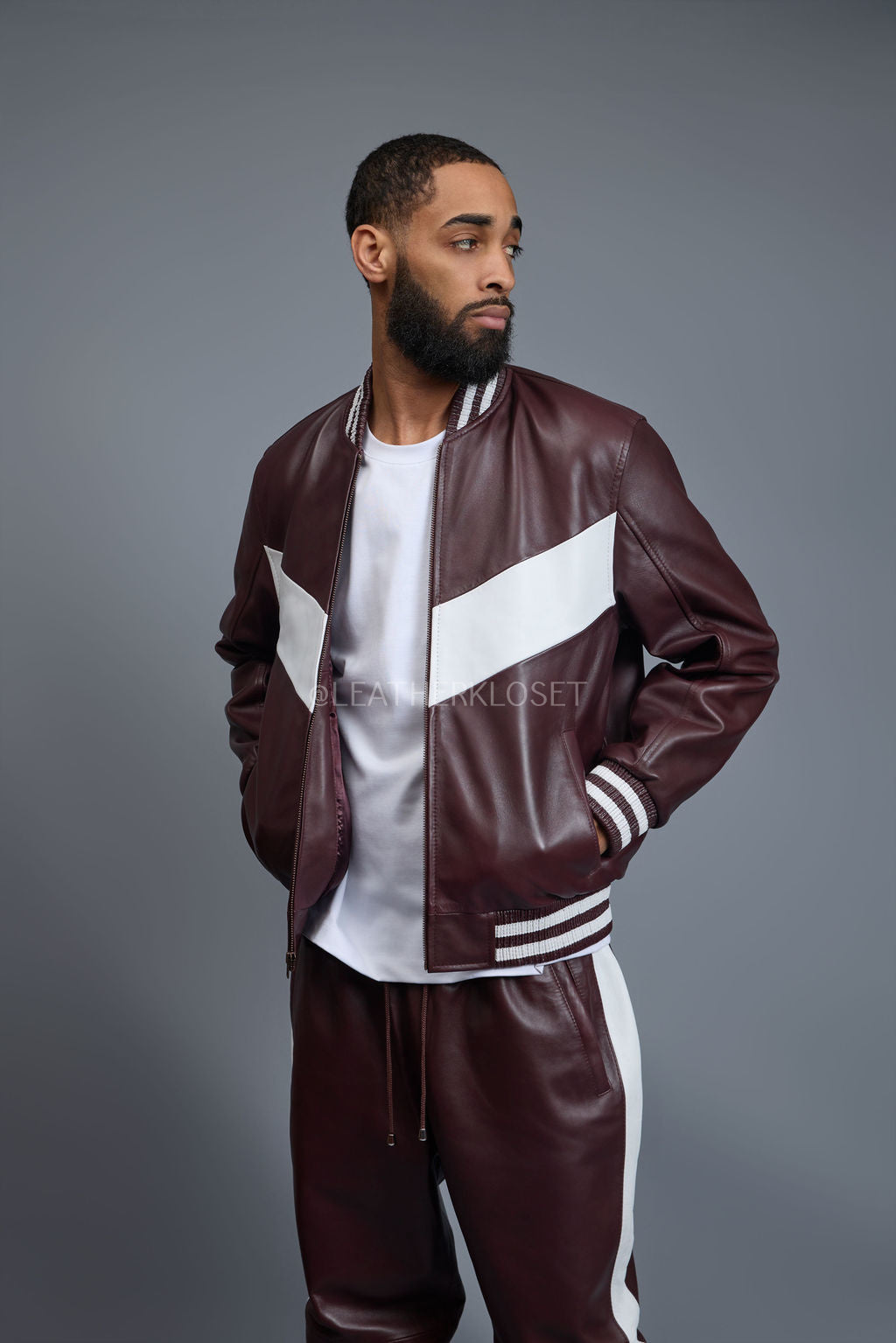 Men's V-Baseball Leather Track Suit Sweatsuit [Burgundy/White]