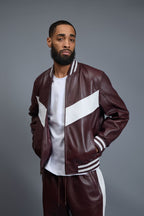 Men's V-Baseball Leather Track Suit Sweatsuit [Burgundy/White]