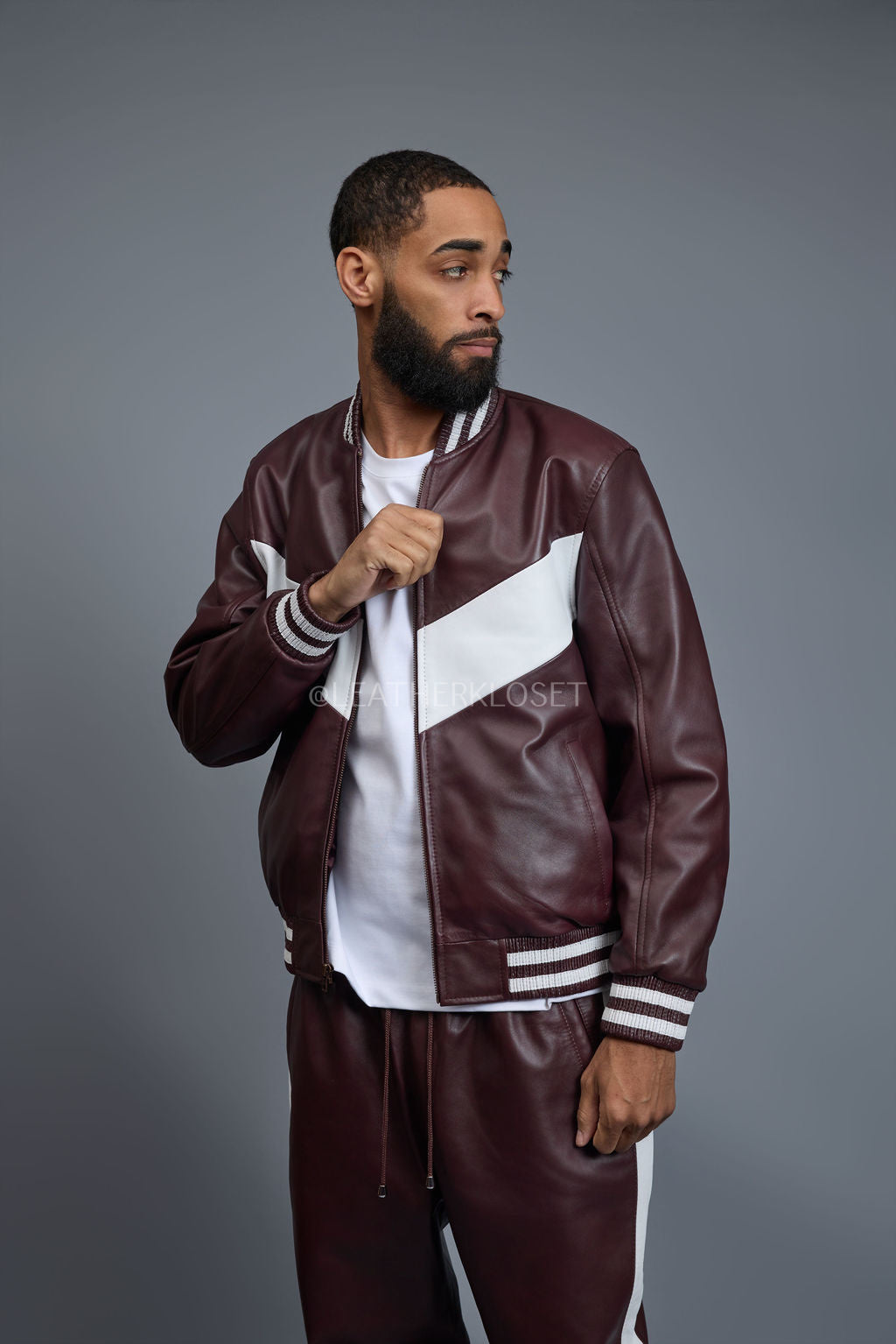Men's V-Baseball Leather Track Suit Sweatsuit [Burgundy/White]