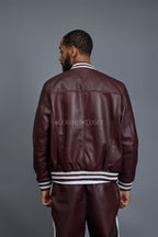 Men's V-Baseball Leather Track Suit Sweatsuit [Burgundy/White]