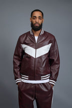 Men's V-Baseball Leather Track Suit Sweatsuit [Burgundy/White]