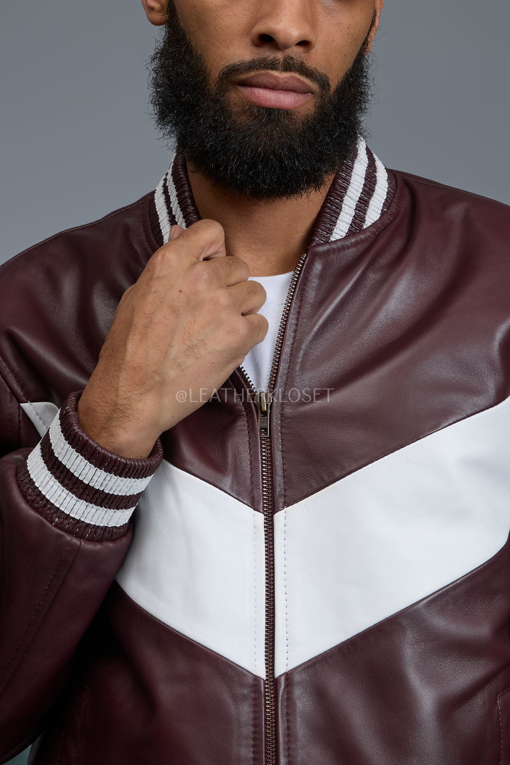 Men's V-Baseball Leather Track Suit Sweatsuit [Burgundy/White]