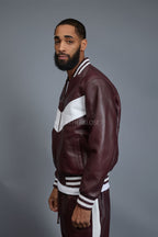Men's V-Baseball Leather Track Suit Sweatsuit [Burgundy/White]