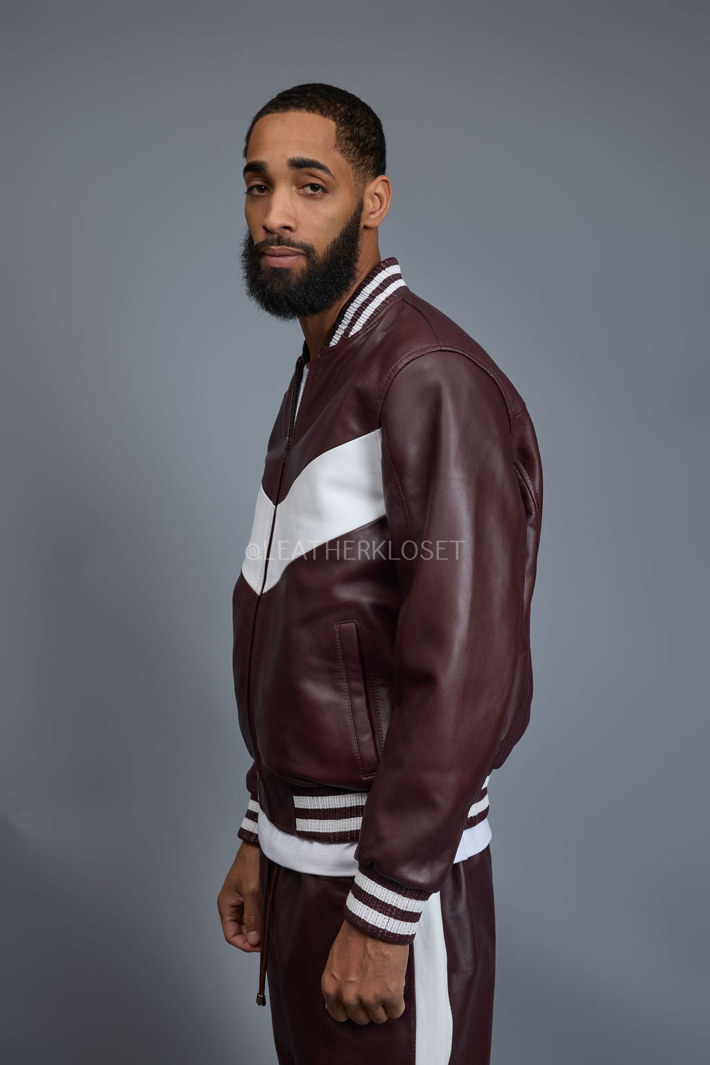 Men's V-Baseball Leather Track Suit Sweatsuit [Burgundy/White]